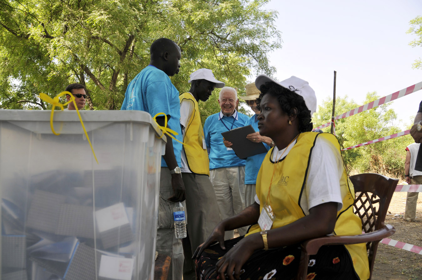 The Carters observe near Juba on Jan. 10.