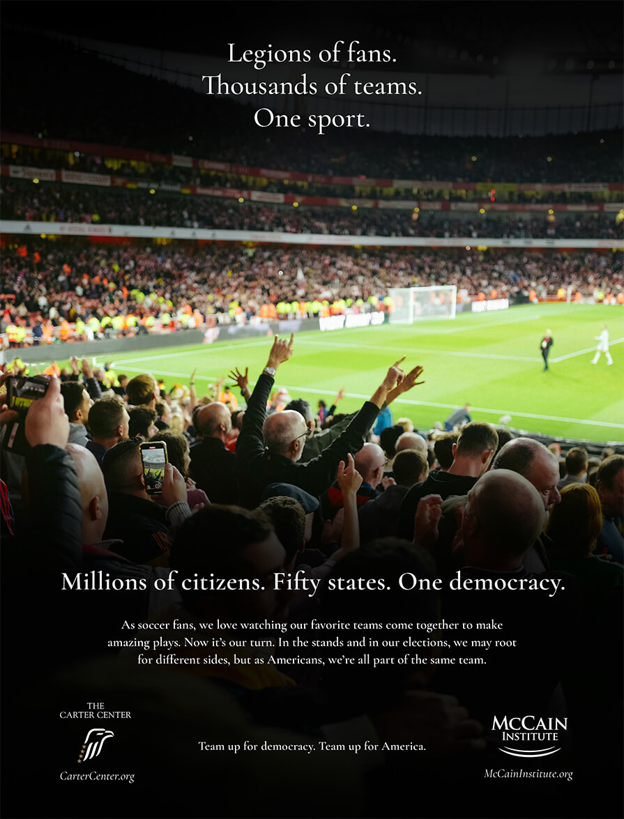 Democracy advertisement depicting a pro soccer match